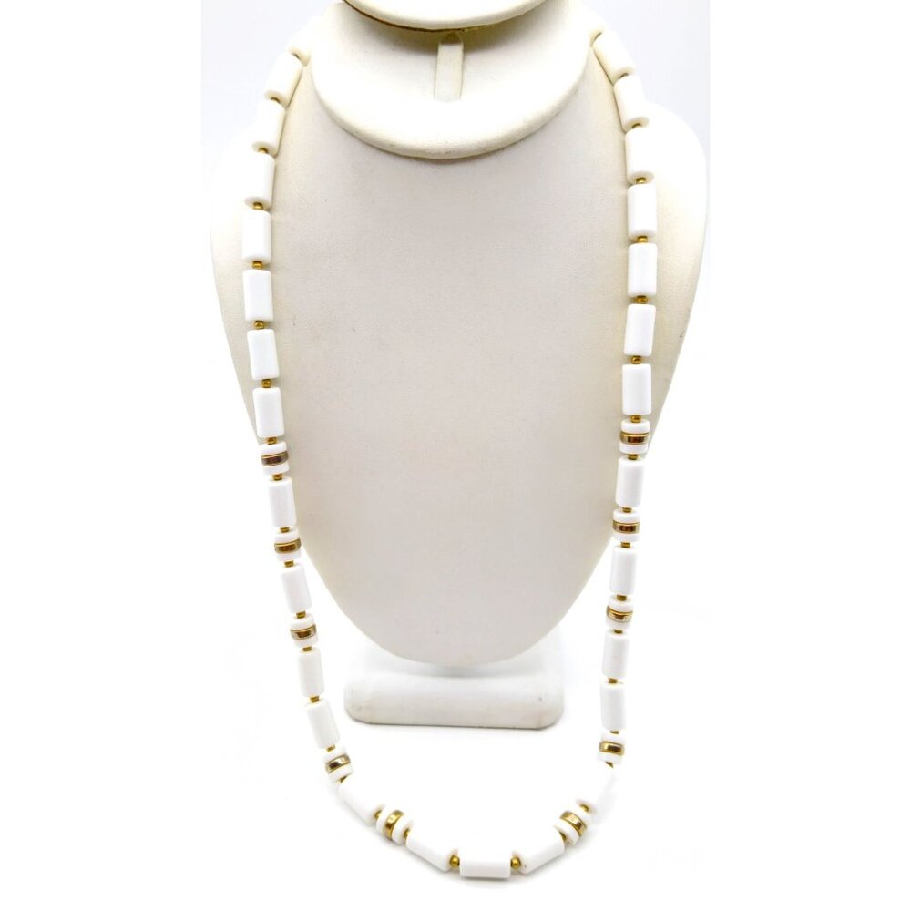 Avon White Lucite Beaded Necklace, Chic Tubular Strand with Gold Tone Spacers